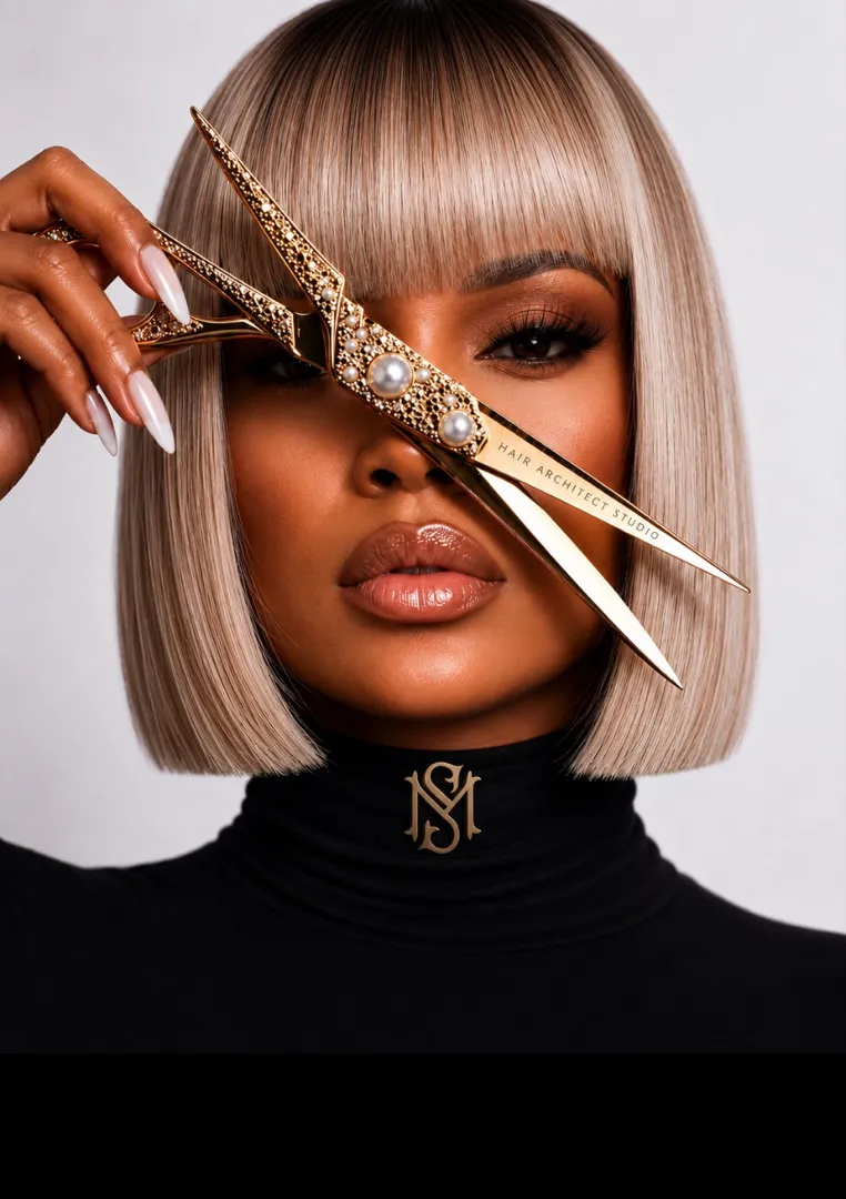 Close-up editorial portrait with salon shears and sculptural hair styling
